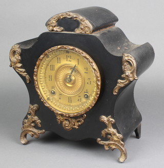 Ansonia, an American 19th Century 8 day striking mantel clock with gilt dial and Arabic numerals contained in a shaped iron and gilt mounted case  