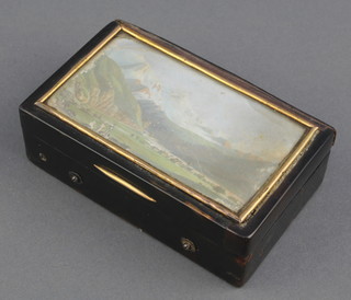 A 19th Century pocket musical box, the lid decorated landscape miniature of mountains contained in a tortoiseshell case 1"h x 3"w x 2"d 