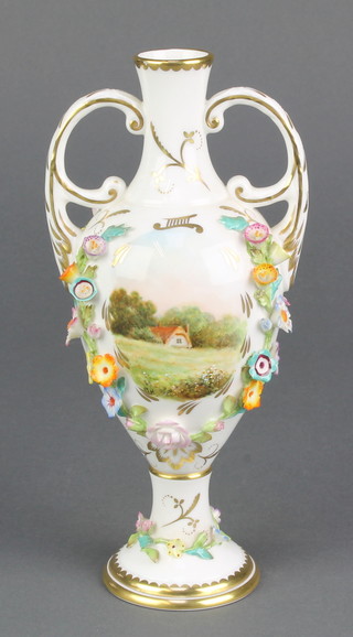 A Coalbrookdale by Coalport 2 handled vase decorated with rural scenes and applied with flowers 8" 