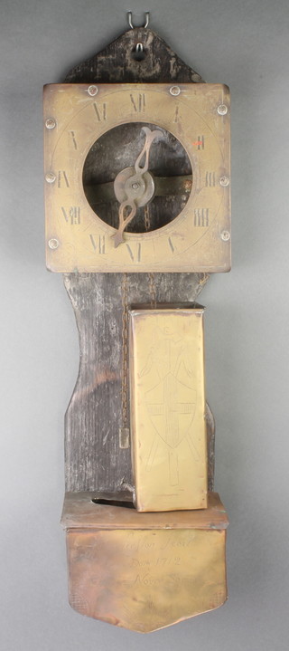 An Edwardian 18th Century style brass cased water clock with 8" square dial and Roman numerals, contained in a brass case the cistern engraved "James Lecflon?? Feoil?? AnnoDoml 1712 Civitas Nove Sarum"