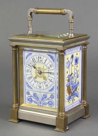 Edwards & Sons Paris, a 19th Century French 8 day repeating carriage clock striking on a gong with blue and white enamelled panels, the back plate marked Patent Surety Roller 5 1/2"h x 4"w x 3 1/2"d 