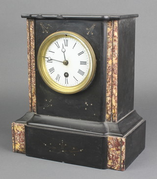 A Victorian timepiece with enamelled dial and Roman numerals contained in a 2 colour marble case 