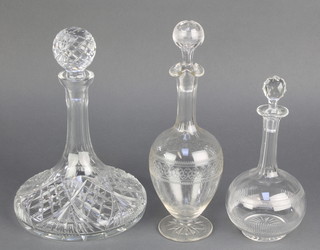 A cut glass chips decanter 12", 2 Edwardian decanters 12" and 8" 