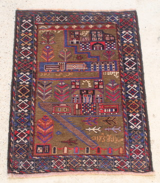 A brown and blue ground Baluch rug with signature and stylised aircraft 46" x 34" 