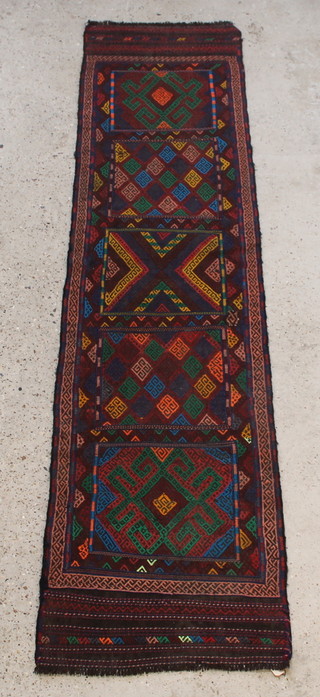 A multi-coloured Suzni runner  with 5 rectangular panels to the centre 98" x 25" 