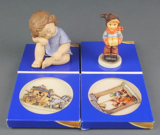 A modern Goebel figure of a boy with parcel 2067/8 3 1/2", a ditto of a girl 3" and 2 ditto plaques "Lets Tell The World" no. 890 4" and "Fond Goodbye" 897 4" 