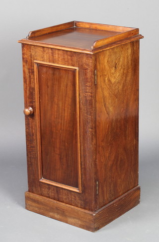 A Victorian mahogany pot cupboard with three quarter gallery and panelled door, raised on a platform base