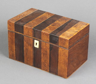 A Victorian walnut and rosewood specimen, twin compartment tea caddy with ivory escutcheon and hinged lid 4"h x 7"w x 4"d 