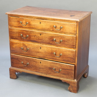A Georgian mahogany chest with moulded top, fitted 4 long drawers with brass swan neck drop handles, raised on bracket feet 34"h x 36"w x 20"d 
