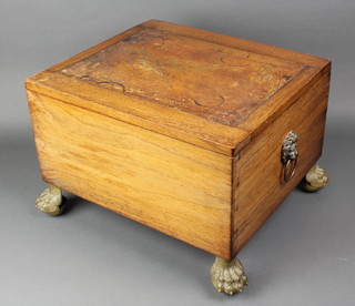 A Regency rectangular rosewood box, the hinged lid set a later leather panel decorated a diving Kingfisher with lion mask and ring drop handles to the sides, raised on gilt metal ball and claw supports 11"h x 16"w x 14"d  
