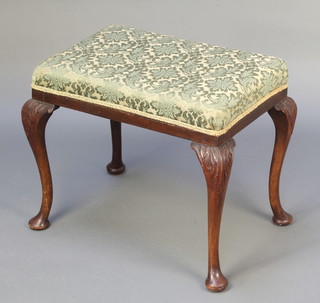 J A S Shoolbred & Co. a rectangular Queen Anne style carved walnut stool with upholstered seat, on carved cabriole supports 18"h x 21"w x 14"d 