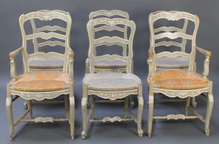 A set of 19th Century grey painted provincial French ladder back dining chairs with woven rush seats raised on cabriole supports with H framed stretcher - 2 carvers, 4 standard 
