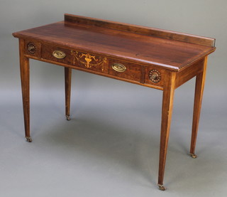 A 19th Century inlaid mahogany side table with raised back, fitted 1 long and 2 short drawers, raised on square tapered supports 29"h x 44 1/2"w x 21"d 