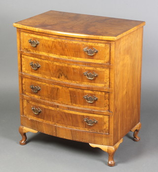A Queen Anne style figured walnut and bow front chest of 4 long crossbanded drawers with brass swan neck drop handles, raised on cabriole supports 27"h x 23"w x 16"d 