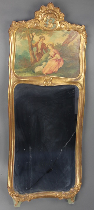 A 19th/20th Century rectangular French pier mirror surmounted by a print of a shepherd and shepherdess, contained in a gilt frame 49"h x 18"