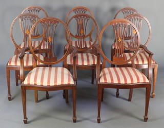 A set of 8 Hepplewhite style inlaid mahogany hoop back dining chairs with splat backs and upholstered drop in seats, raised on square tapered supports - 2 carvers, 6 standard 