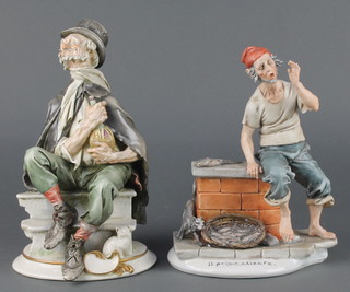 A Capodimonte figure of a fish seller 9 1/2" together with a ditto figure of a seated tramp 10" 