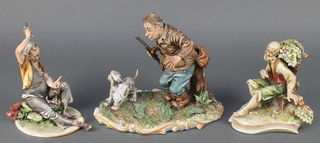 A Capodimonte group of a hunter and dog 7", a ditto of a woodsman 5 1/2" and another of a cobbler 6" 