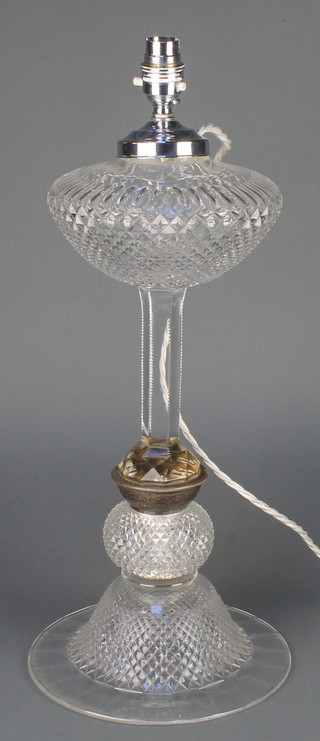 A cut glass oil lamp with hobnail decoration now converted to electricity 19" 