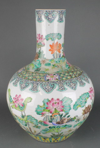A Chinese 18th Century style famille rose baluster vase decorated with ducks amongst flowers 20 1/2" 