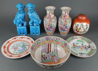 A pair of turquoise glazed figures of Shi Shi 12", a pair of modern famille rose vases 10", a bowl, 2 plates and a ginger jar and cover 