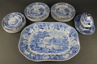 A 19th centuiry Rogers blue and white part dinner service decorated with country houses comprising 3 small plates 7 medium plates 14 large plates 1 large meat plate a small ditto and na small tureen, stand and lid 