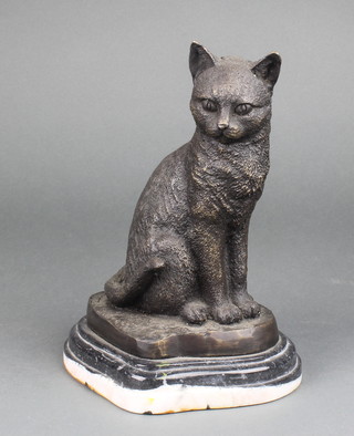 A bronze figure of a seated cat raised on a shaped 2 colour marble base 8" 
