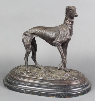 A bronze figure of a standing greyhound on an oval naturalistic base with black stepped marble base 11"h x 12 1/2"w x 7"d 