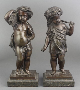 A pair of 19th Century Continental bronze figures of standing boy and girl cherubs depicting harvest, raised on square marble bases 9"h x 3 1/2" x 3" 