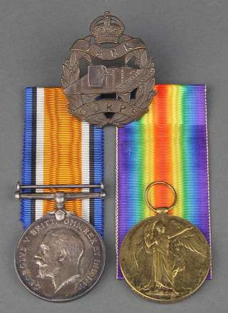 A pair British War medal and Victory medal to 2nd Lieutenant Harold Clarkson Machine Gun Corps attached to D Battalion Tank Regt.  Killed in action 11 April 1917 during the Bullecourt attack,  together with a Tank Corps cap badge and small collection of paperwork 