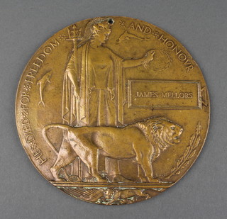 A First World War Death plaque to James Mellors Sixth Battalion Lancashire Regt. killed in action 18.09.1918 together with a small amount of research 