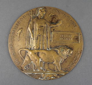A First World War Death plaque to Herbert Heaton The Butts (East Kent Regiment), killed in action 14.10.1915 