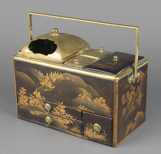 A Meiji period signed lacquer and gilt mounted "Tabakobon" smoking box, decorated landscape panels, fitted with pierced lidded compartment, 2 long and 1 short drawers  5" x 9" x 5" 