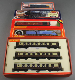 A Bachmann Branch-Line locomotive Lord Nelson 864 Sir Martin Frobisher boxed, a Lima double headed diesel locomotive 20-5174MWG, a Hornby R.372 LNER Class A4 locomotive, an R.413 operating LMS mail coach, 3 Hornby Pullman carriages 