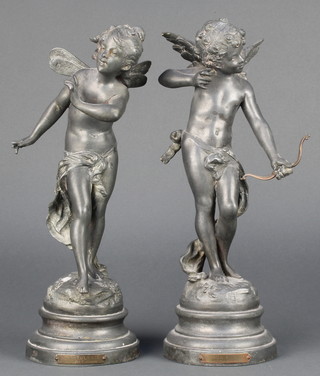 A pair of French spelter figures Espieglerie and Amour a L'arc 12" 