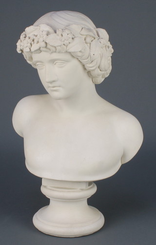 After the Antique, a resin portrait bust of a garlanded figure 17" 