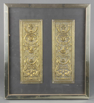 A pair of Victorian Aesthetic movement embossed brass finger door plates decorated mythical beasts 10 1/2" x 3 1/2", framed