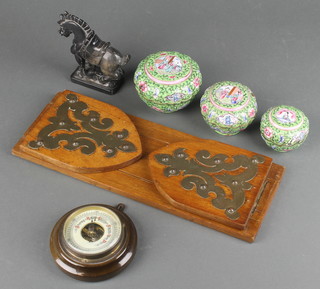 A set of 3 Chinese circular graduated green ground cloisonne enamelled boxes decorated courtly scenes 2 1/2" x 2" x 1" (all with damage to the enamelling), a carved marble figure of a horse 4" x 4", a pair of Victorian walnut expanding bookends and an aneroid barometer contained in a beech socle case 3 1/2"