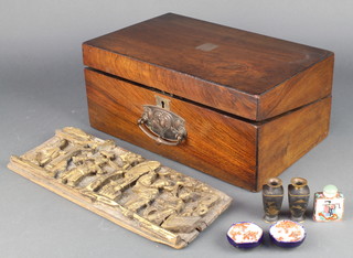 A Victorian rectangular mahogany writing slope with hinged lid (no interior and later brass handle) 6 1/2" x 13 1/2" x 9" containing a Chinese gilt wood carved plaque 5" x 13", 2 Japanese gilt metal vases 2", 2 circular Japanese porcelain bowls 2" and a ditto snuff bottle 