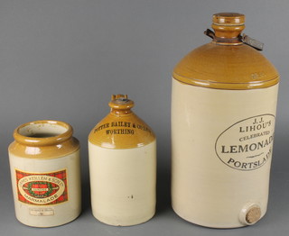 A  J.J Lihou of Portslade Celebrate lemonade flagon (chip to lid) 18", a Potter, Bailey Limited of Worthing flagon 11"and a James Keiller & Sons marmalade crock 8" 
