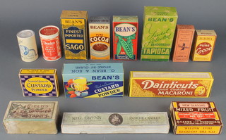 A Bean's custard powder carton, ditto Tapioca, a Dainticuts quick cooking macaroni carton and various other cartons 
