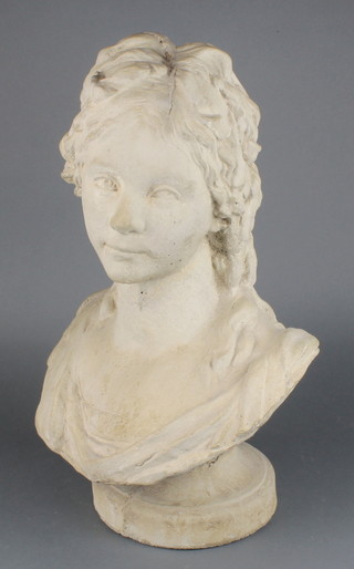 A concrete head and shoulders portrait bust of a girl 19" 