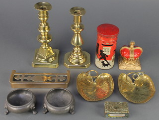 A pair of Victorian candlesticks with knopped stems 8", a miniature brass fire curb 7", a brass match box, 2 Chinese style brass dishes, a pair of salts, a 1953 Coronation money box in the form of a crown and a money box in the form of a pillar box 