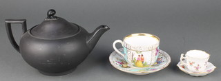 A Wedgwood black basalt teapot of classical form with scroll mop 9", a Dresden cabinet cup and saucer, a miniature ditto 