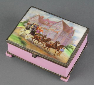 A Continental porcelain trinket box, the lid with a study of a stage coach before a country house and with gilt metal mounts 4" x 3" 