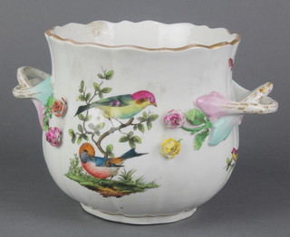 A 19th Century German 2 handled pot decorated with birds amongst flowers with encrusted flowers and rustic handles 5" 