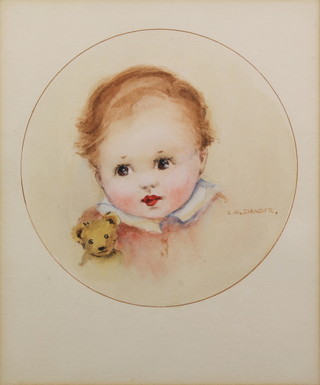 E Alexander, watercolour, signed, study of a child with bear, in the round, 6" 