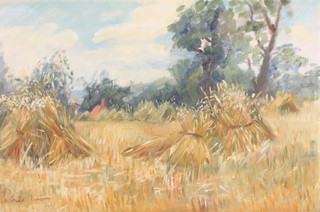Imee Wilson, 20th Century oil on board, haystacks in a country landscape 15 1/2" x 23" 