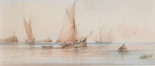 H Cole 1900, watercolour, signed and dated, sailing boats off a jetty 4 1/2" x 10 1/2" 