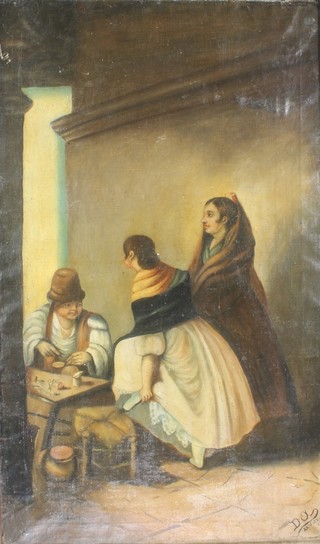 D O S, 21, oil on canvas, study of a cobbler with 2 customers 38" x 22" 